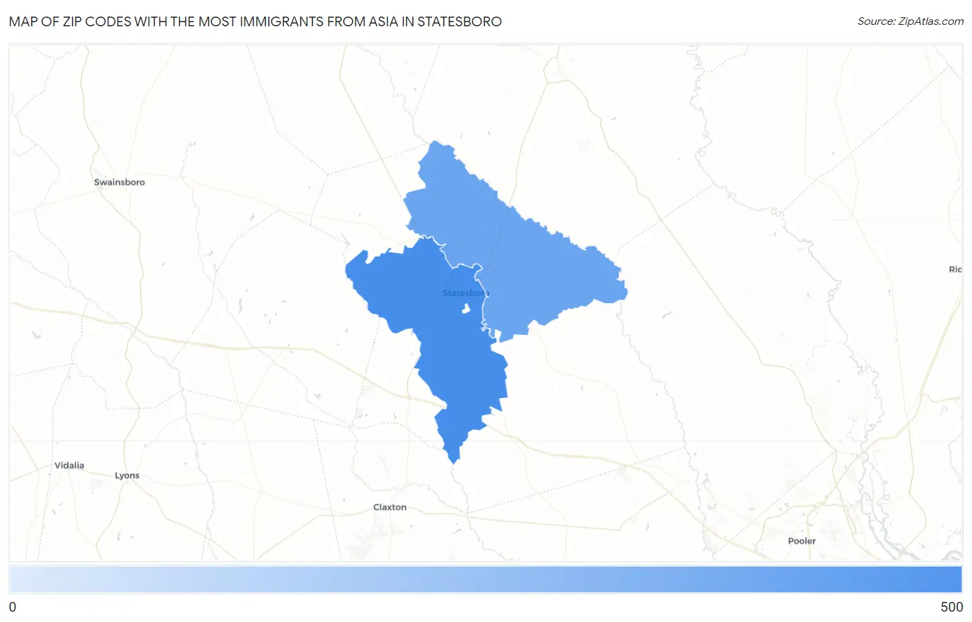 Zip Codes with the Most Immigrants from Asia in Statesboro Map