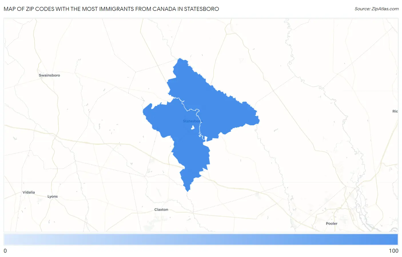 Zip Codes with the Most Immigrants from Canada in Statesboro Map