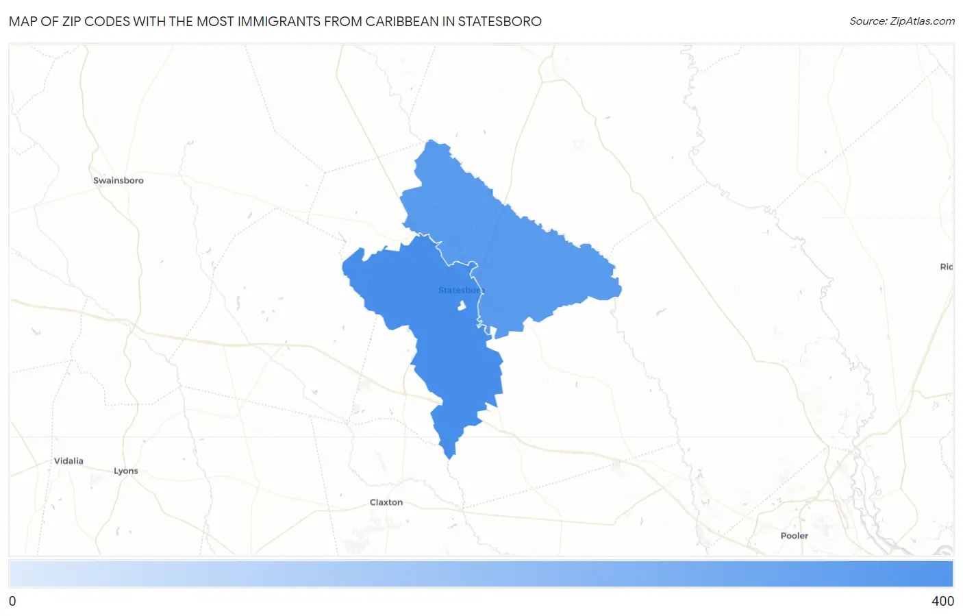 Zip Codes with the Most Immigrants from Caribbean in Statesboro Map