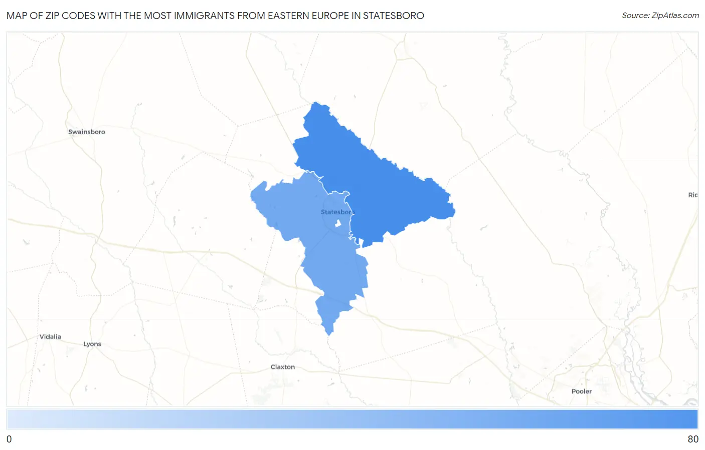 Zip Codes with the Most Immigrants from Eastern Europe in Statesboro Map