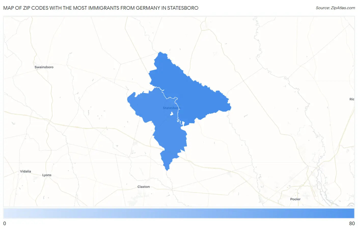 Zip Codes with the Most Immigrants from Germany in Statesboro Map