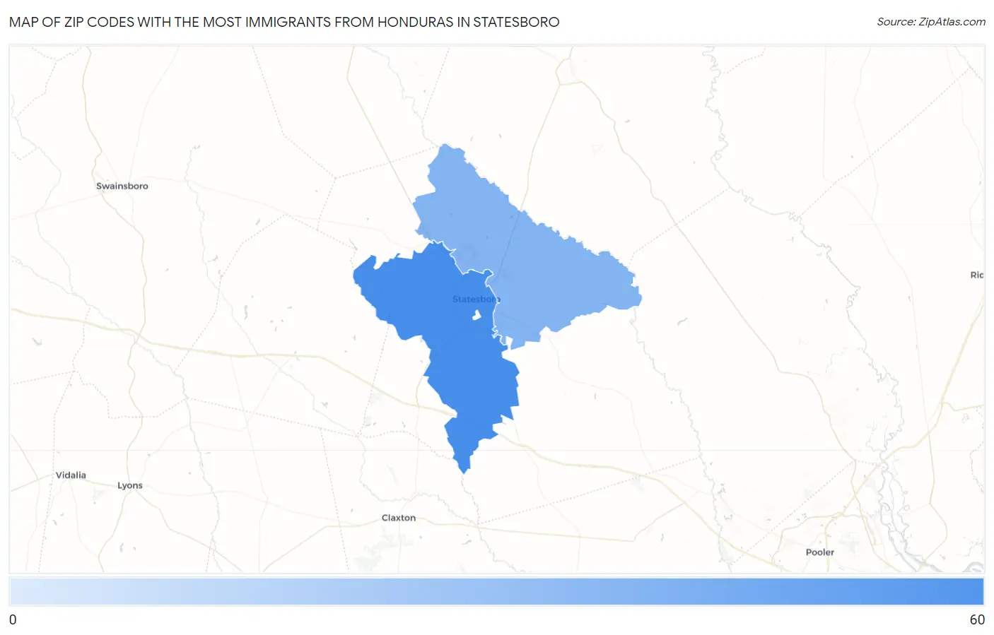 Zip Codes with the Most Immigrants from Honduras in Statesboro Map
