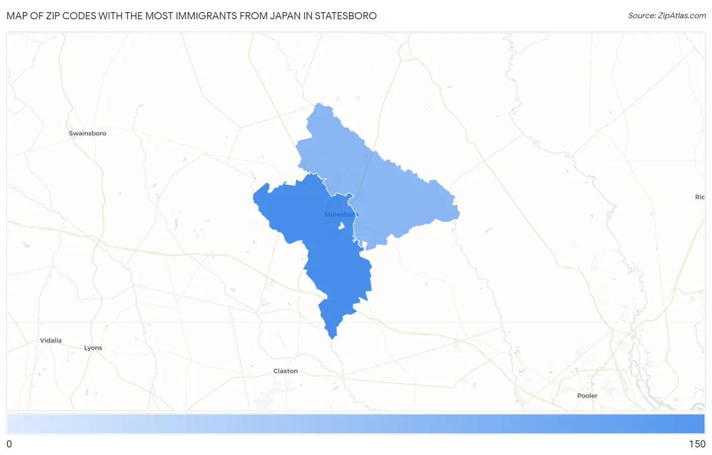 Zip Codes with the Most Immigrants from Japan in Statesboro Map