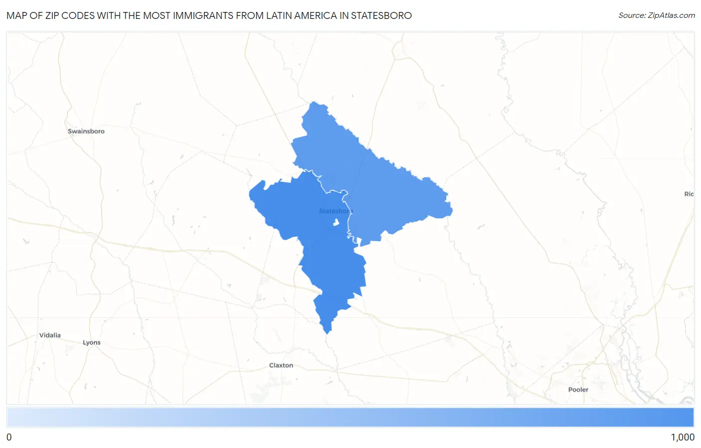 Zip Codes with the Most Immigrants from Latin America in Statesboro Map