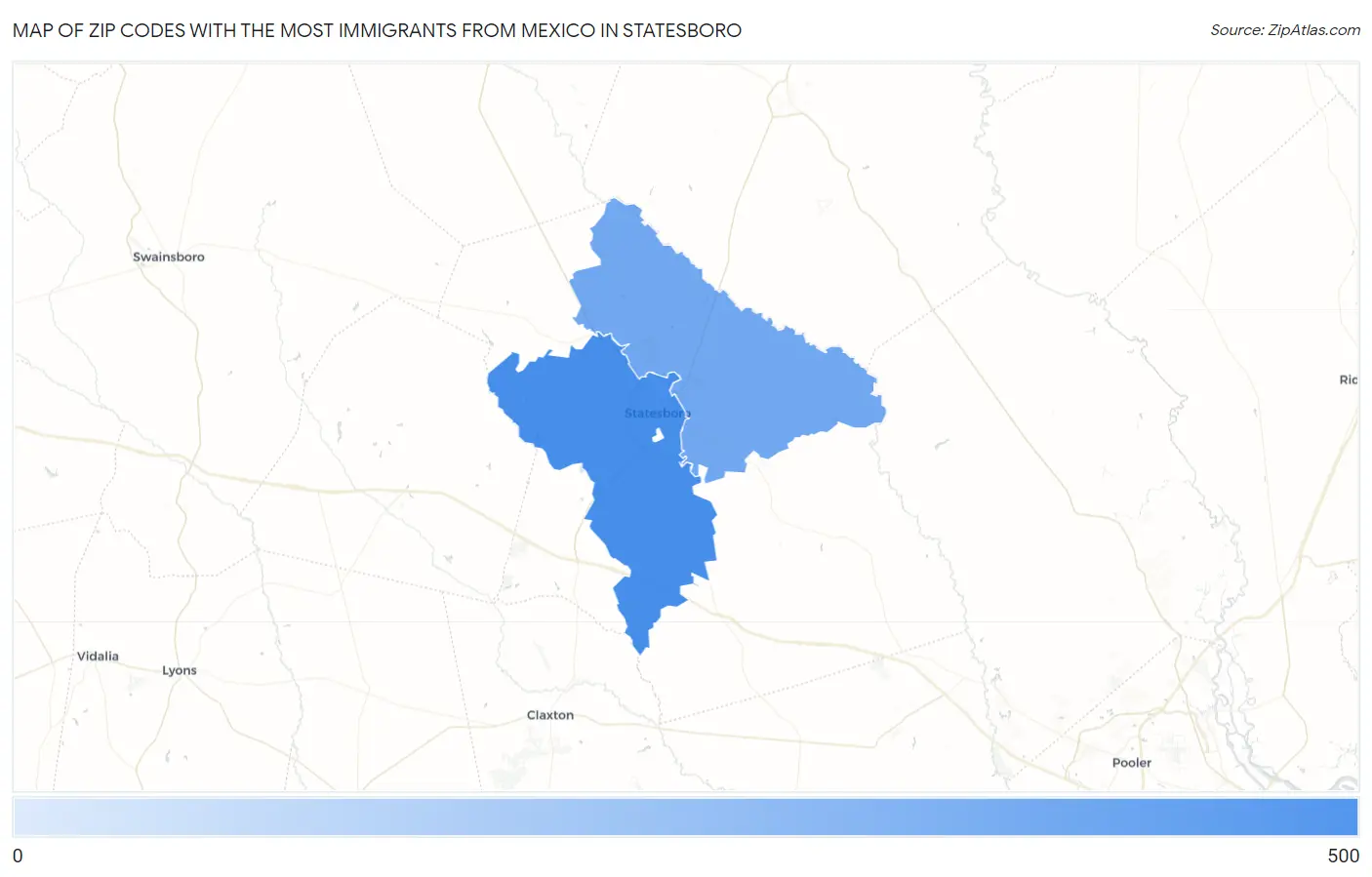 Zip Codes with the Most Immigrants from Mexico in Statesboro Map