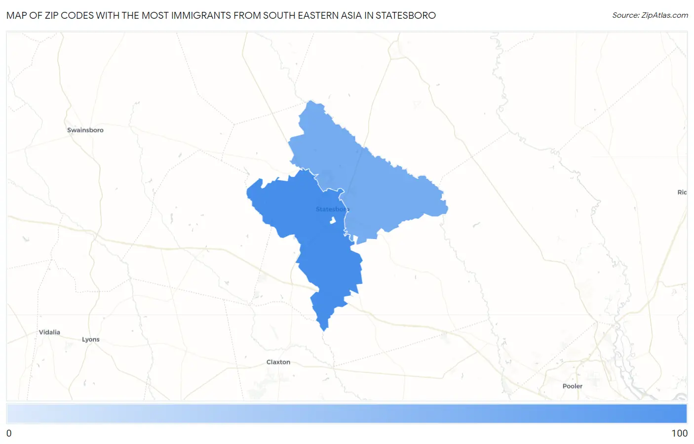 Zip Codes with the Most Immigrants from South Eastern Asia in Statesboro Map