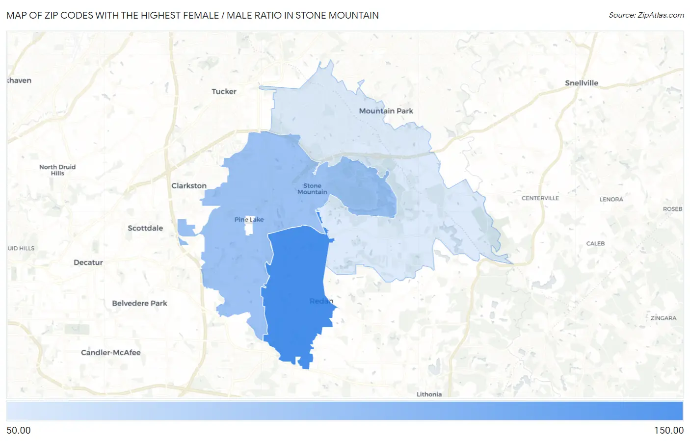 Zip Codes with the Highest Female / Male Ratio in Stone Mountain Map