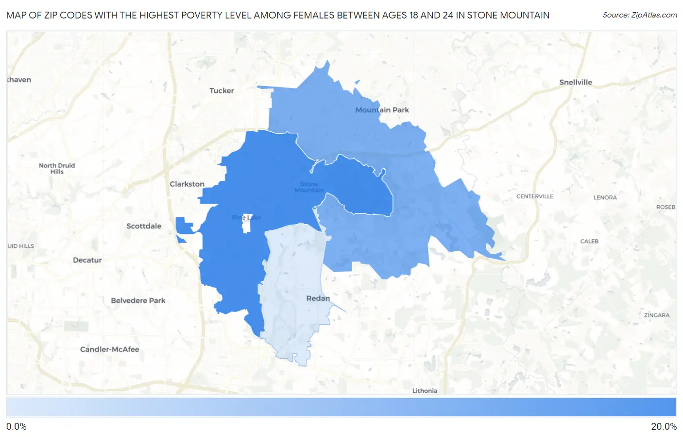 Zip Codes with the Highest Poverty Level Among Females Between Ages 18 and 24 in Stone Mountain Map