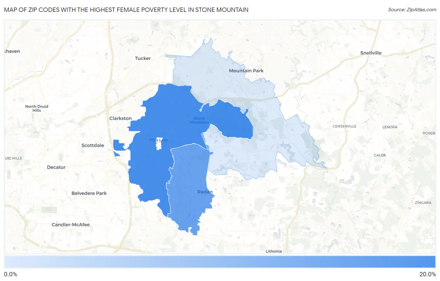 Zip Codes with the Highest Female Poverty Level in Stone Mountain Map