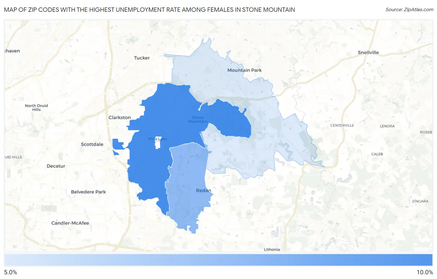 Zip Codes with the Highest Unemployment Rate Among Females in Stone Mountain Map