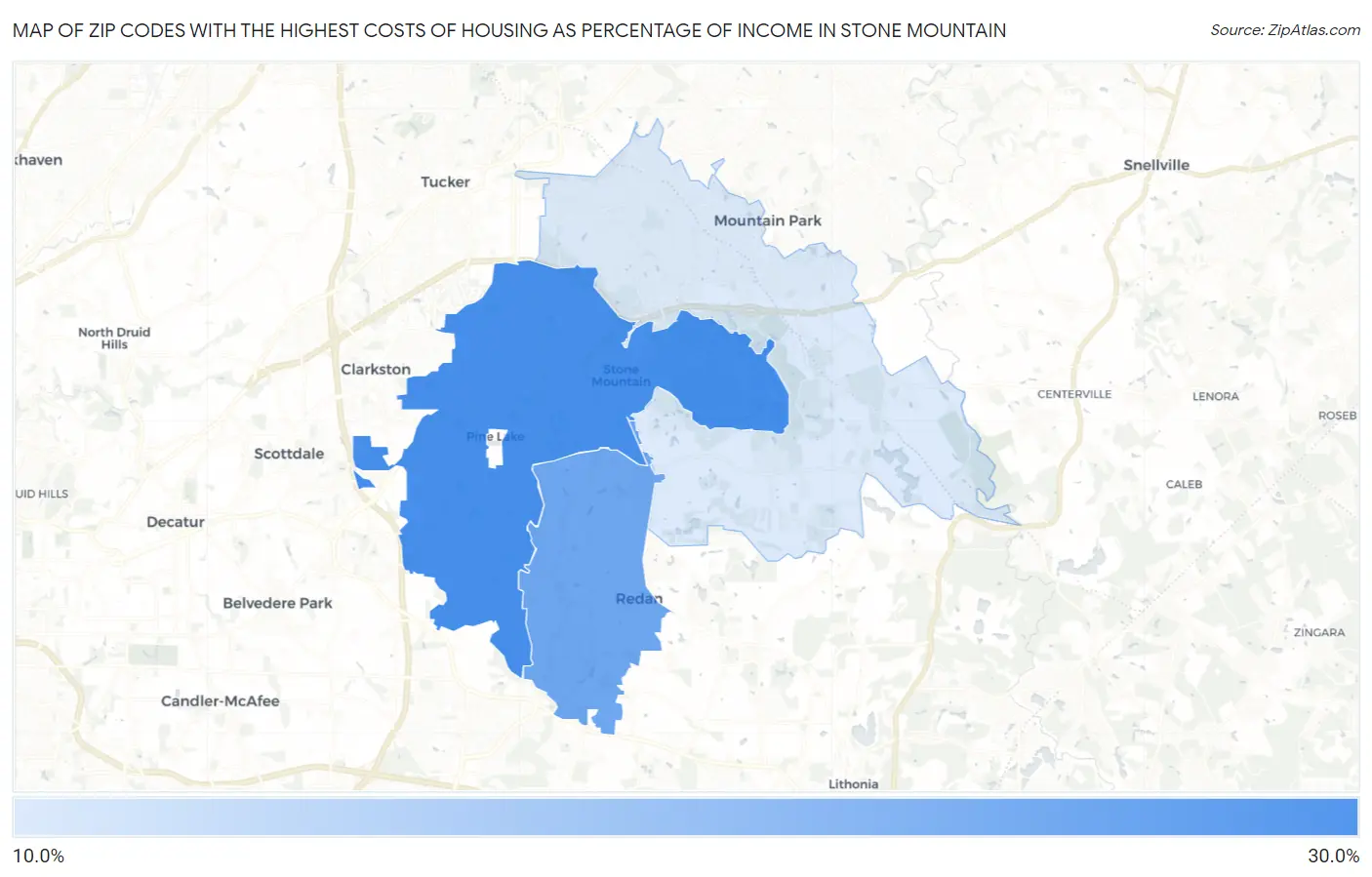 Zip Codes with the Highest Costs of Housing as Percentage of Income in Stone Mountain Map