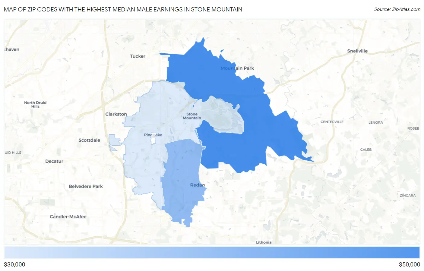 Zip Codes with the Highest Median Male Earnings in Stone Mountain Map