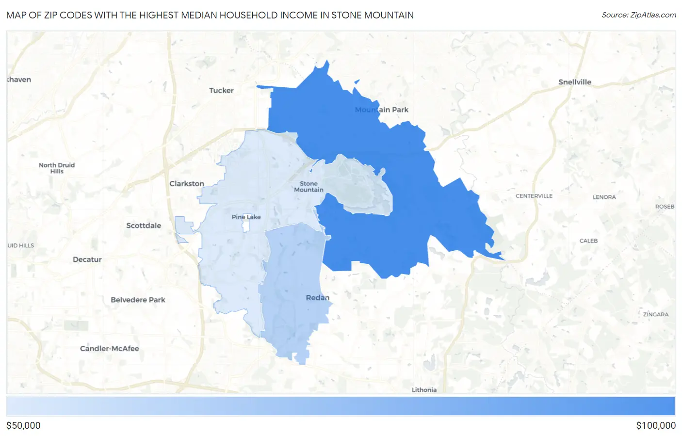 Zip Codes with the Highest Median Household Income in Stone Mountain Map
