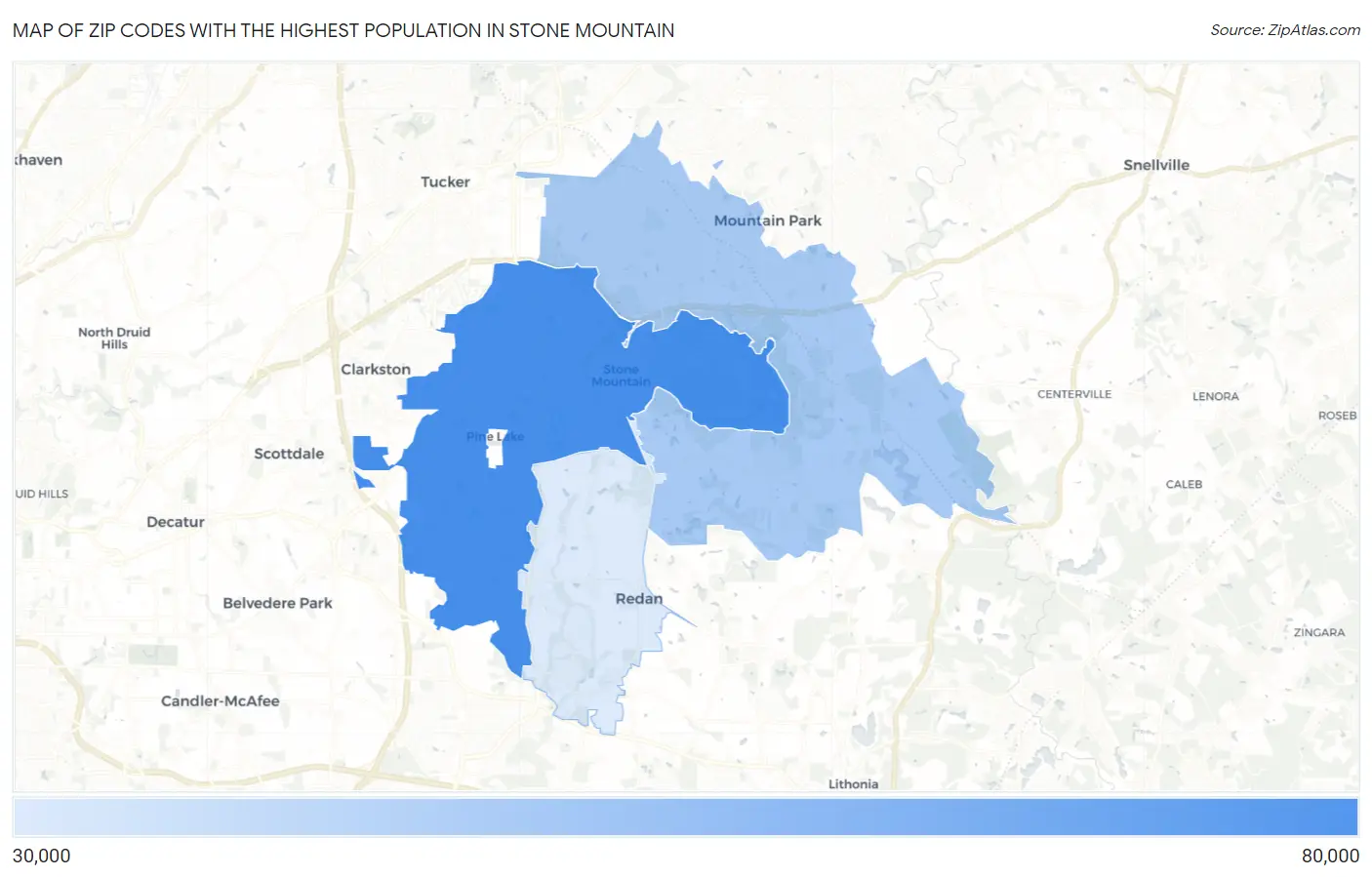 Zip Codes with the Highest Population in Stone Mountain Map
