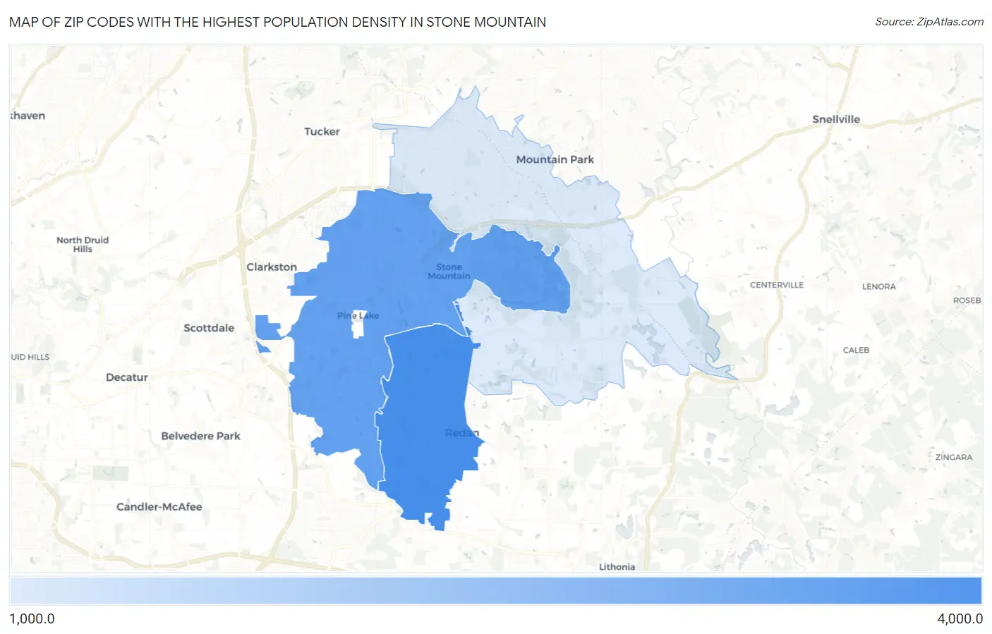 Zip Codes with the Highest Population Density in Stone Mountain Map