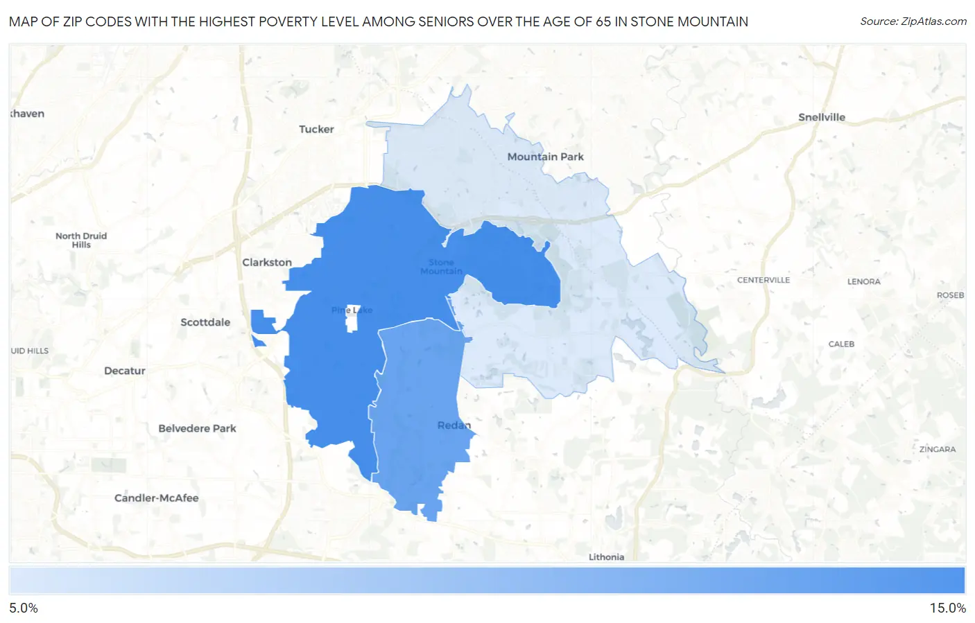 Zip Codes with the Highest Poverty Level Among Seniors Over the Age of 65 in Stone Mountain Map