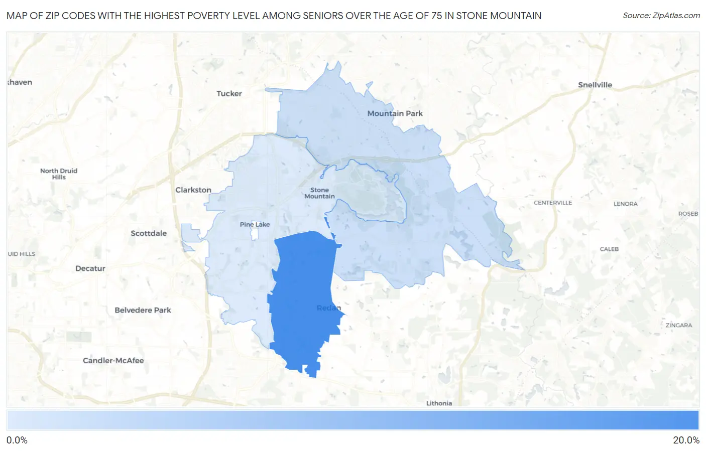 Zip Codes with the Highest Poverty Level Among Seniors Over the Age of 75 in Stone Mountain Map