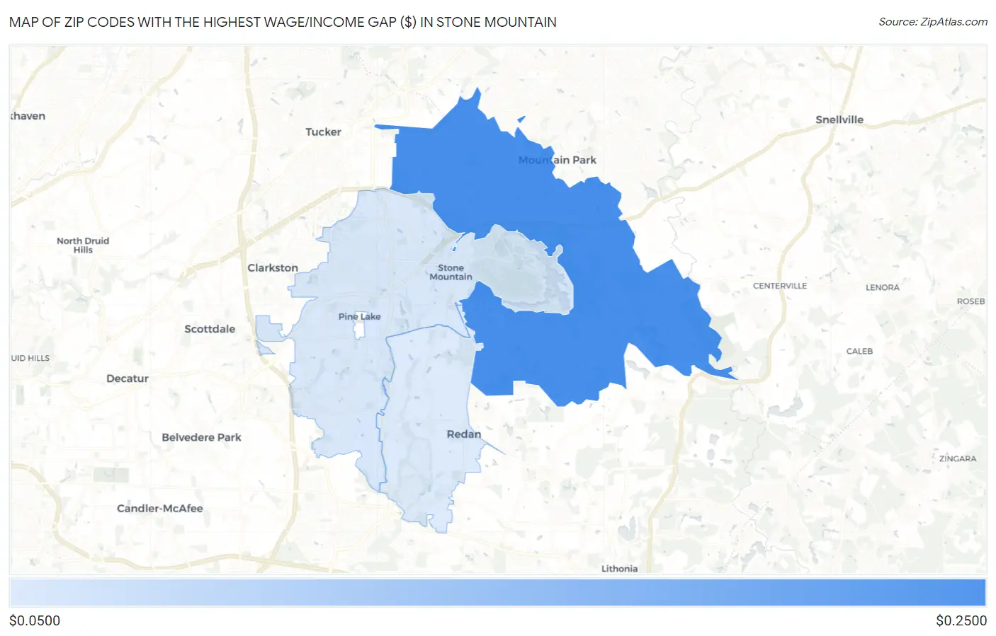 Zip Codes with the Highest Wage/Income Gap ($) in Stone Mountain Map