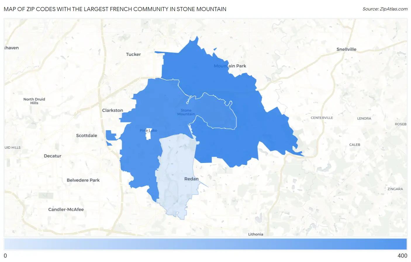 Zip Codes with the Largest French Community in Stone Mountain Map