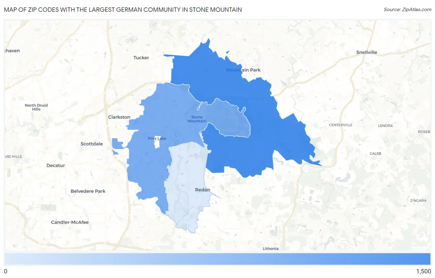 Zip Codes with the Largest German Community in Stone Mountain Map