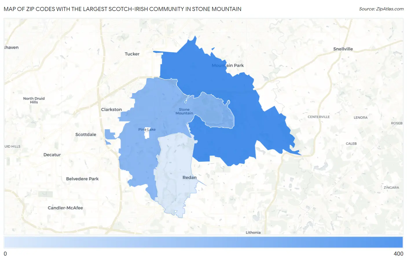 Zip Codes with the Largest Scotch-Irish Community in Stone Mountain Map