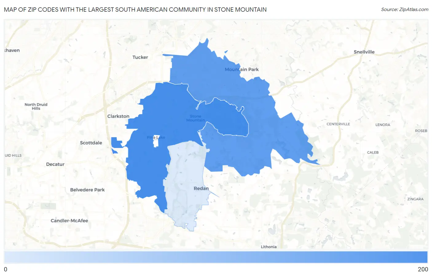 Zip Codes with the Largest South American Community in Stone Mountain Map