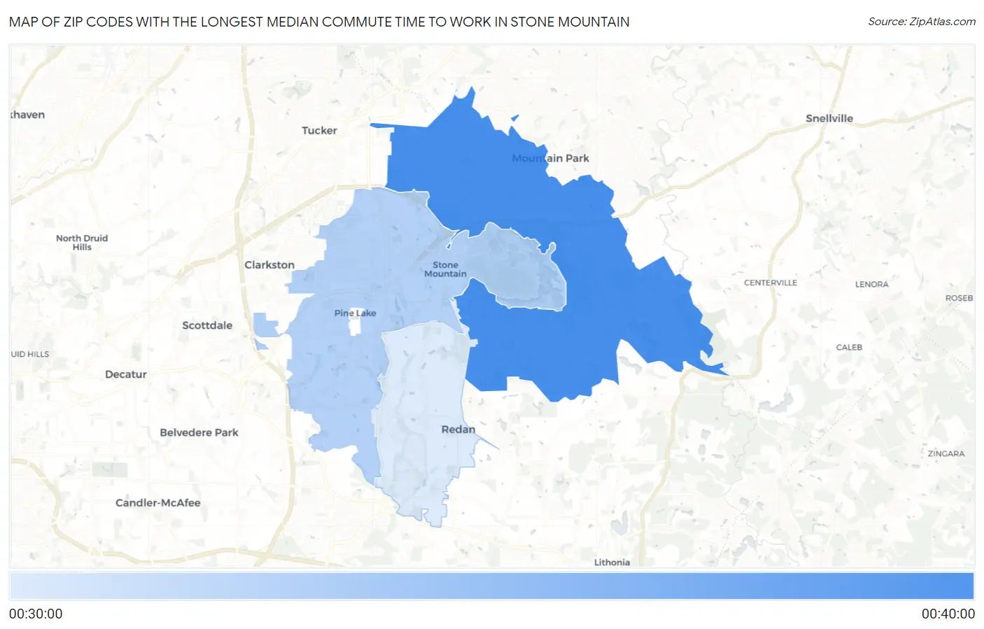 Zip Codes with the Longest Median Commute Time to Work in Stone Mountain Map