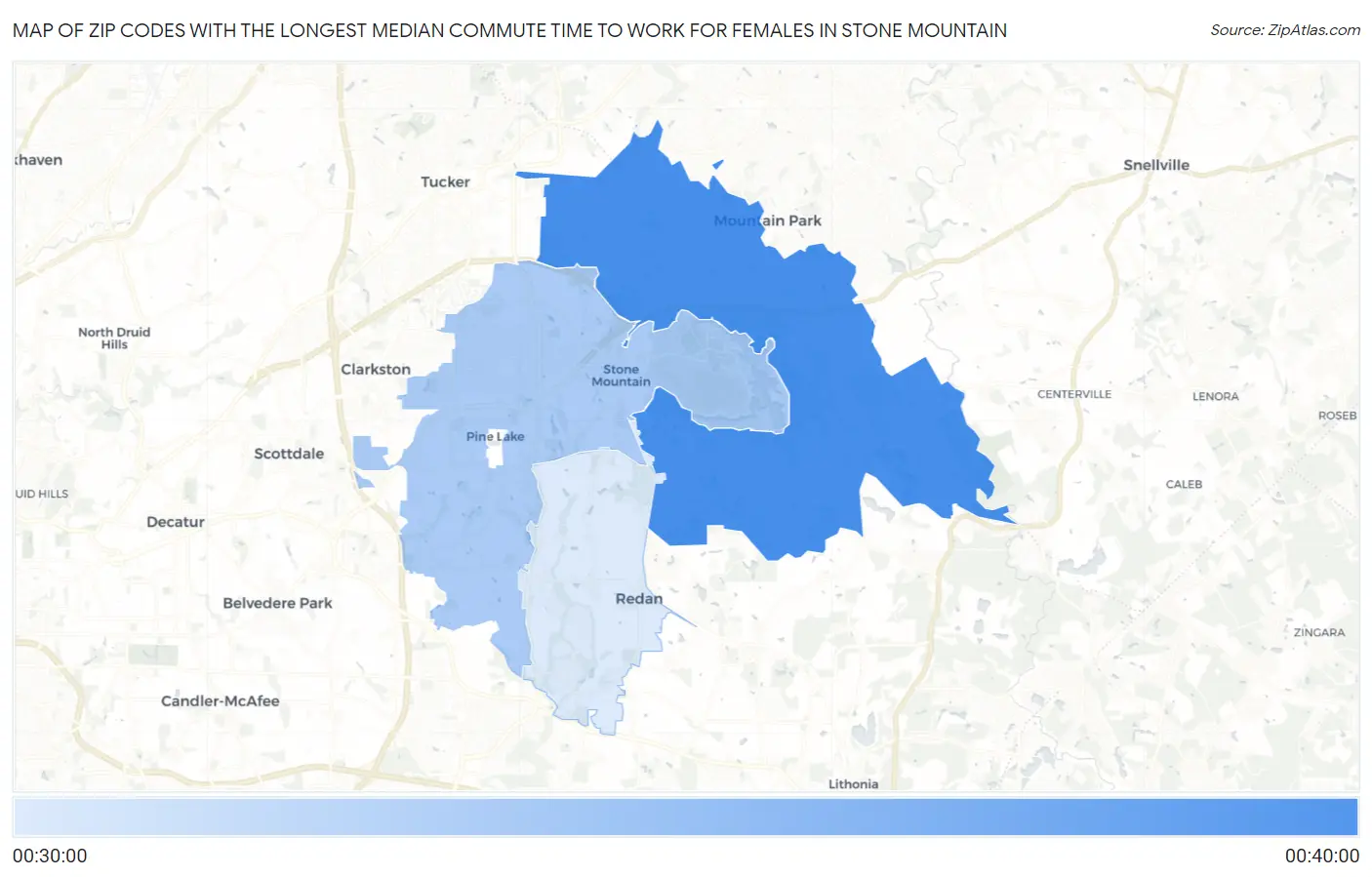 Zip Codes with the Longest Median Commute Time to Work for Females in Stone Mountain Map