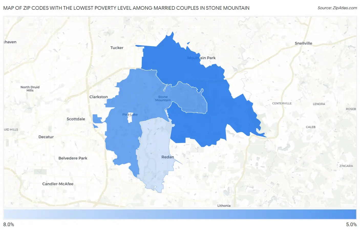 Zip Codes with the Lowest Poverty Level Among Married Couples in Stone Mountain Map