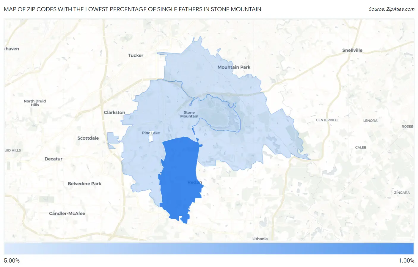 Zip Codes with the Lowest Percentage of Single Fathers in Stone Mountain Map