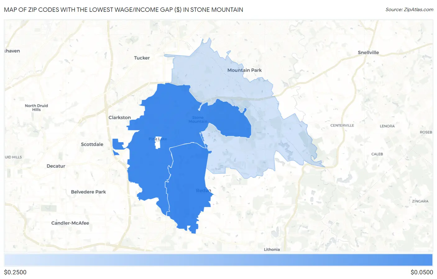Zip Codes with the Lowest Wage/Income Gap ($) in Stone Mountain Map