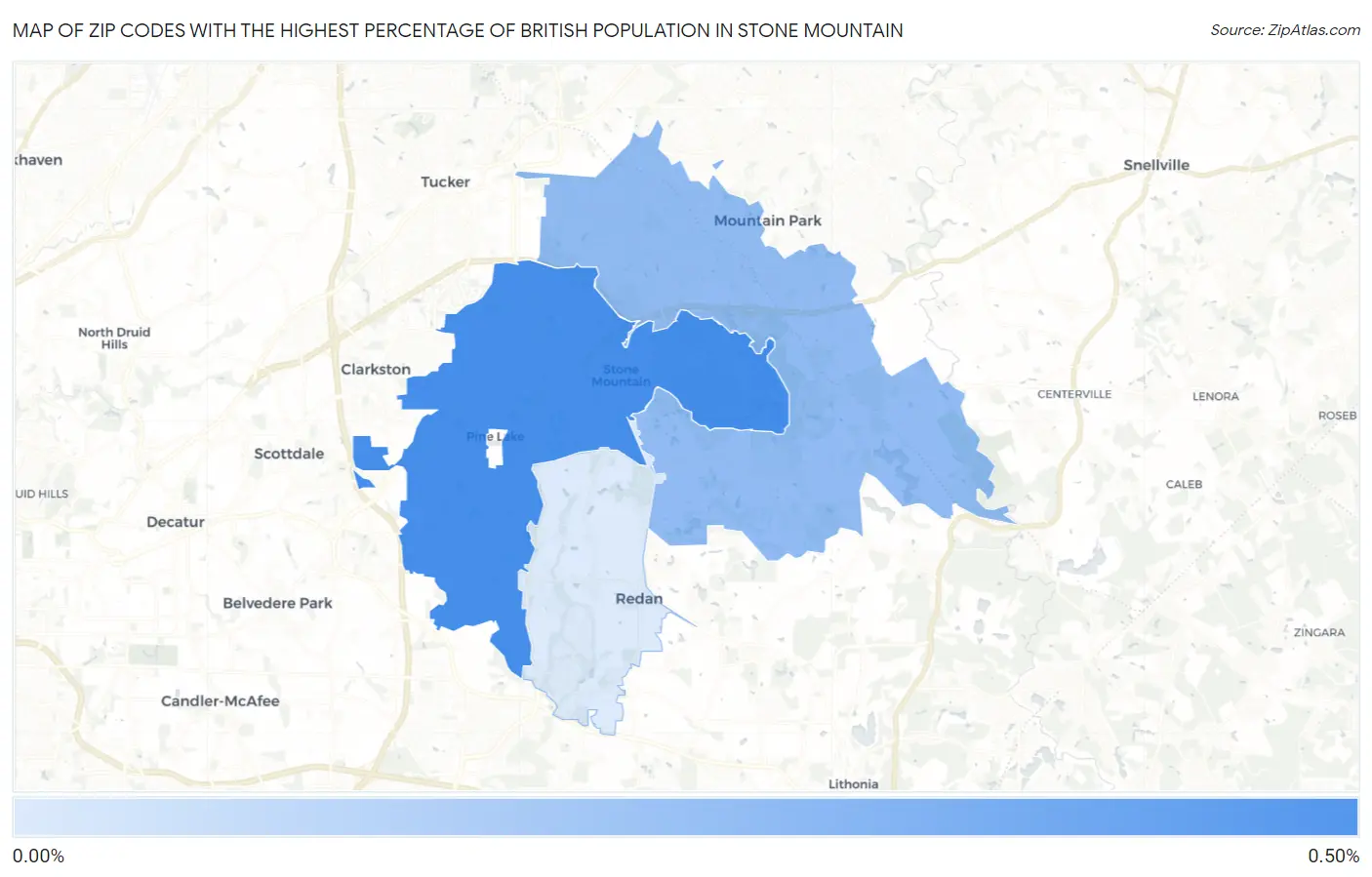 Zip Codes with the Highest Percentage of British Population in Stone Mountain Map