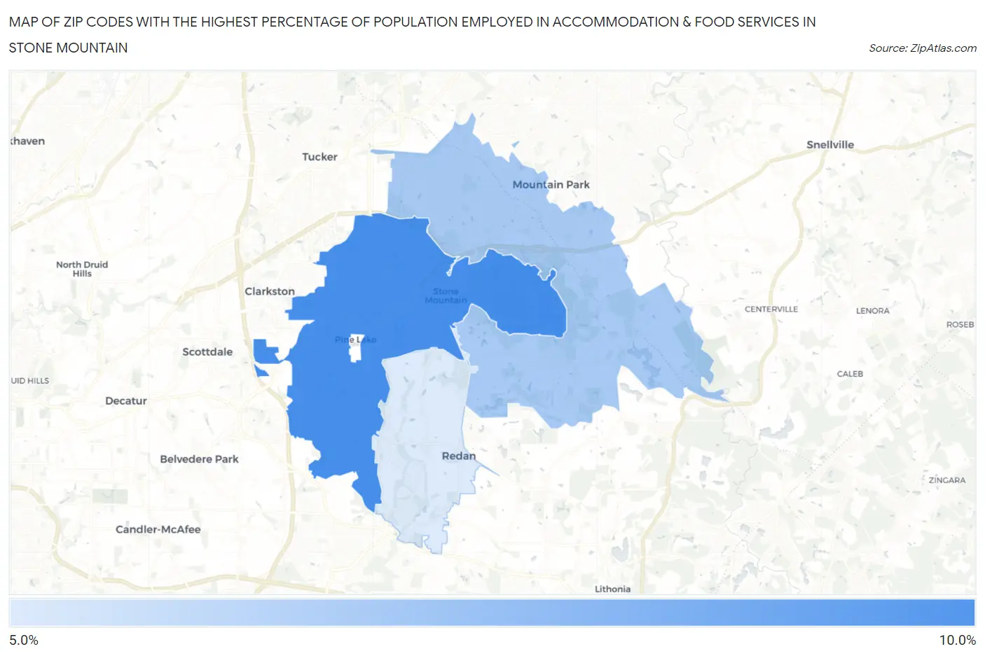 Zip Codes with the Highest Percentage of Population Employed in Accommodation & Food Services in Stone Mountain Map