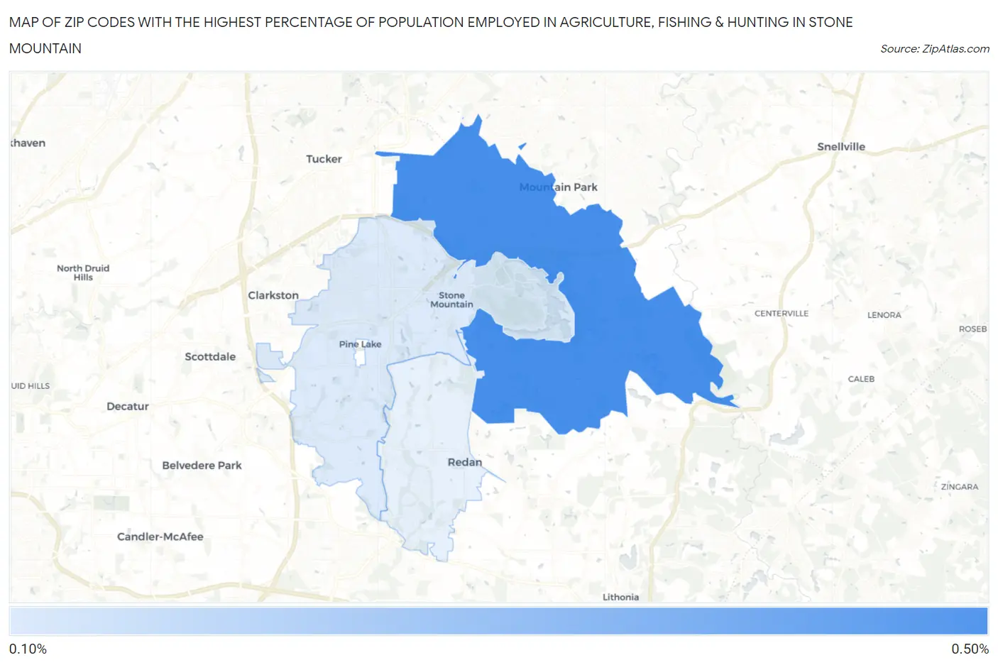 Zip Codes with the Highest Percentage of Population Employed in Agriculture, Fishing & Hunting in Stone Mountain Map