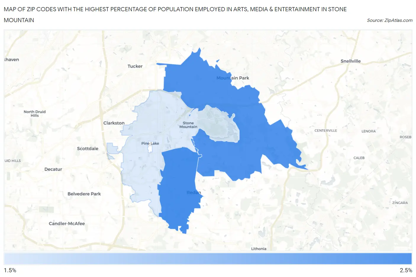 Zip Codes with the Highest Percentage of Population Employed in Arts, Media & Entertainment in Stone Mountain Map