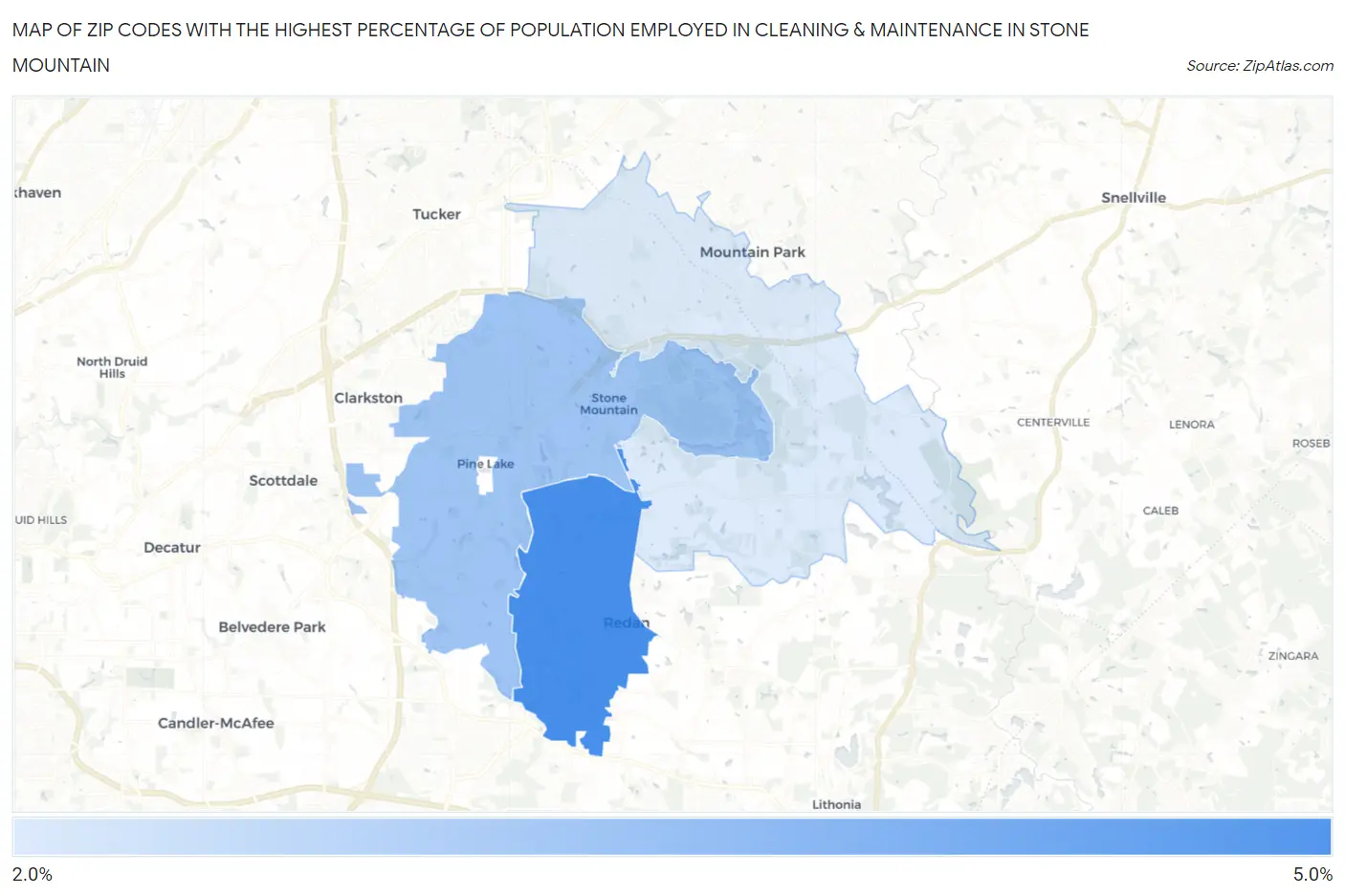 Zip Codes with the Highest Percentage of Population Employed in Cleaning & Maintenance in Stone Mountain Map