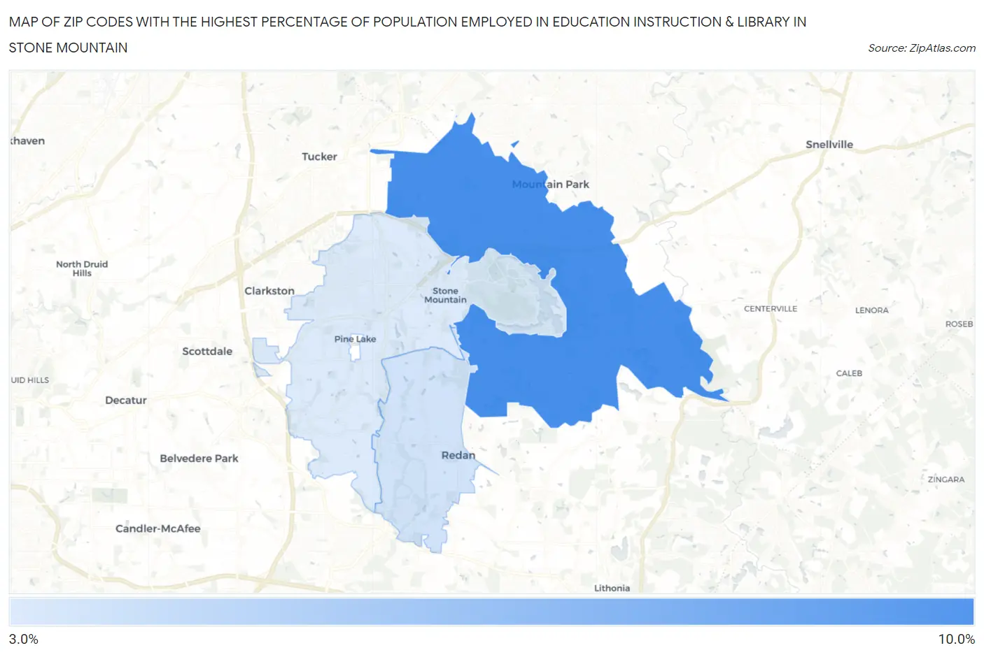 Zip Codes with the Highest Percentage of Population Employed in Education Instruction & Library in Stone Mountain Map
