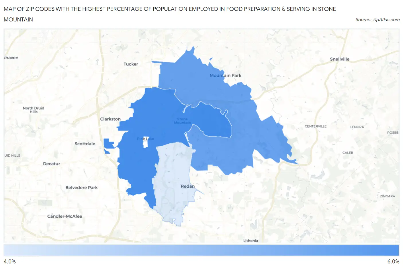 Zip Codes with the Highest Percentage of Population Employed in Food Preparation & Serving in Stone Mountain Map
