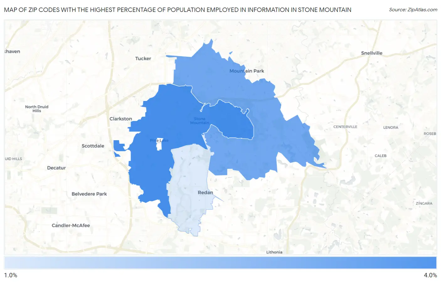 Zip Codes with the Highest Percentage of Population Employed in Information in Stone Mountain Map