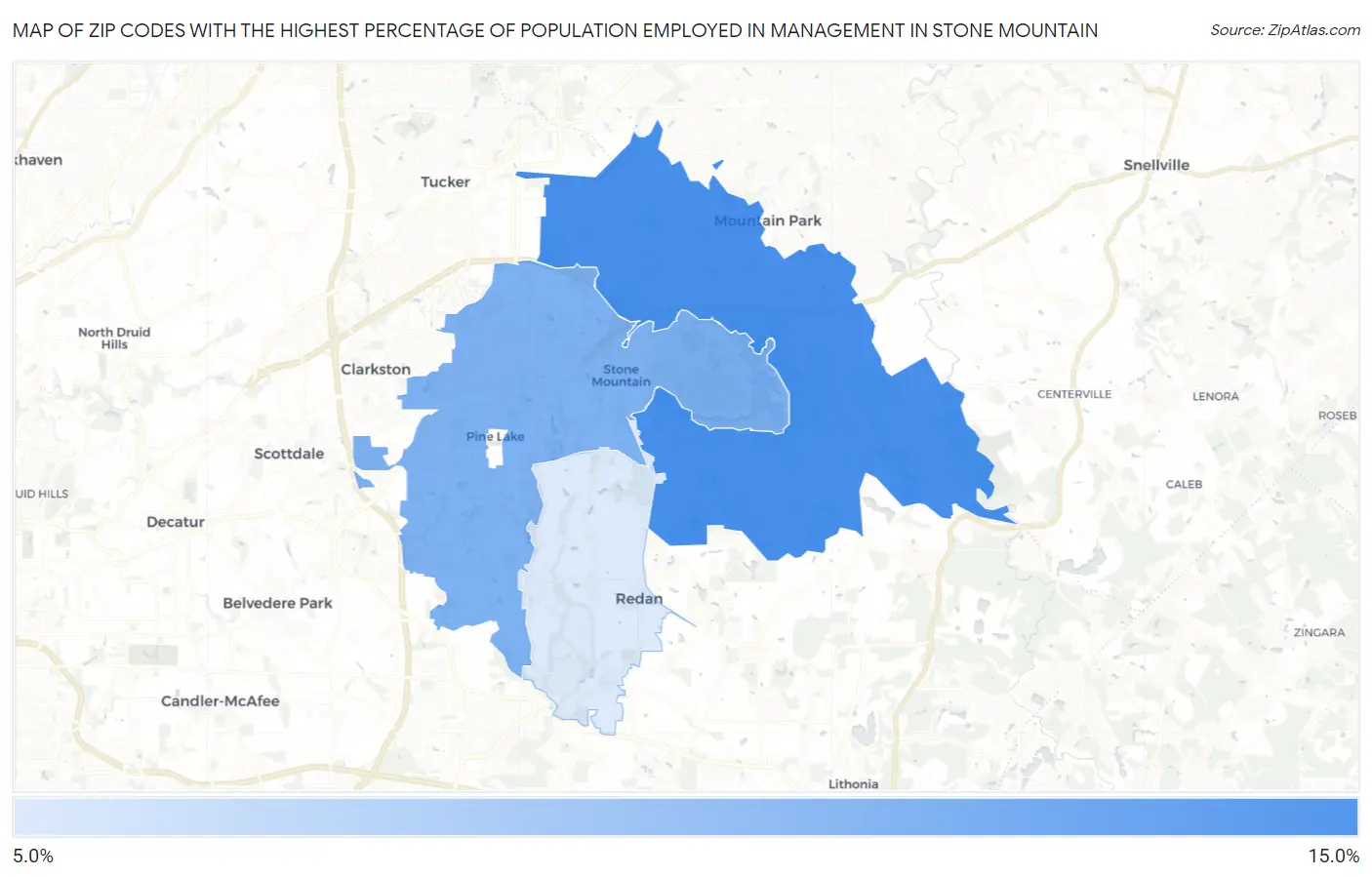 Zip Codes with the Highest Percentage of Population Employed in Management in Stone Mountain Map
