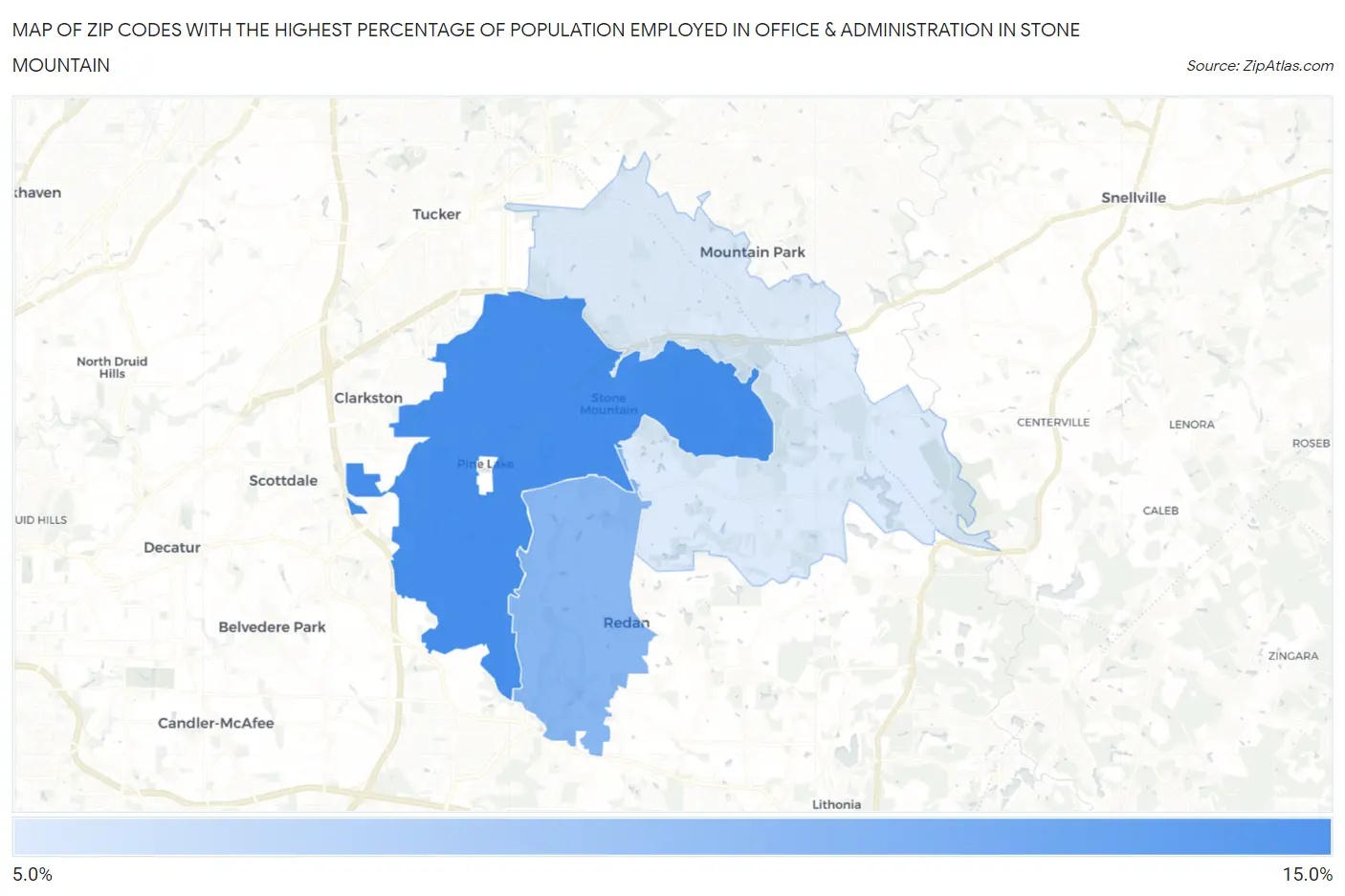 Zip Codes with the Highest Percentage of Population Employed in Office & Administration in Stone Mountain Map