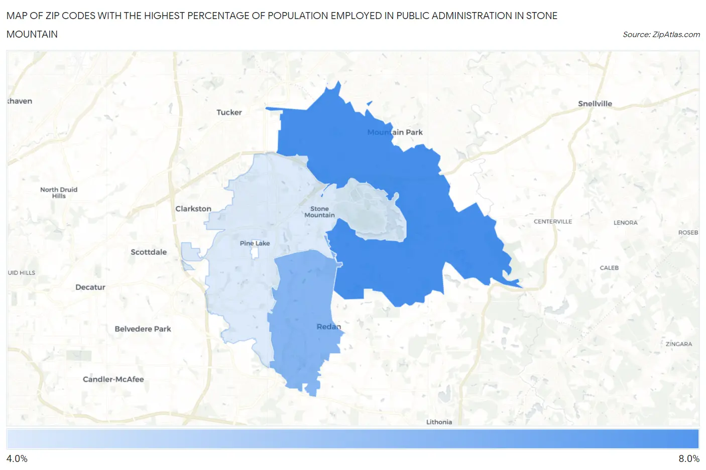 Zip Codes with the Highest Percentage of Population Employed in Public Administration in Stone Mountain Map