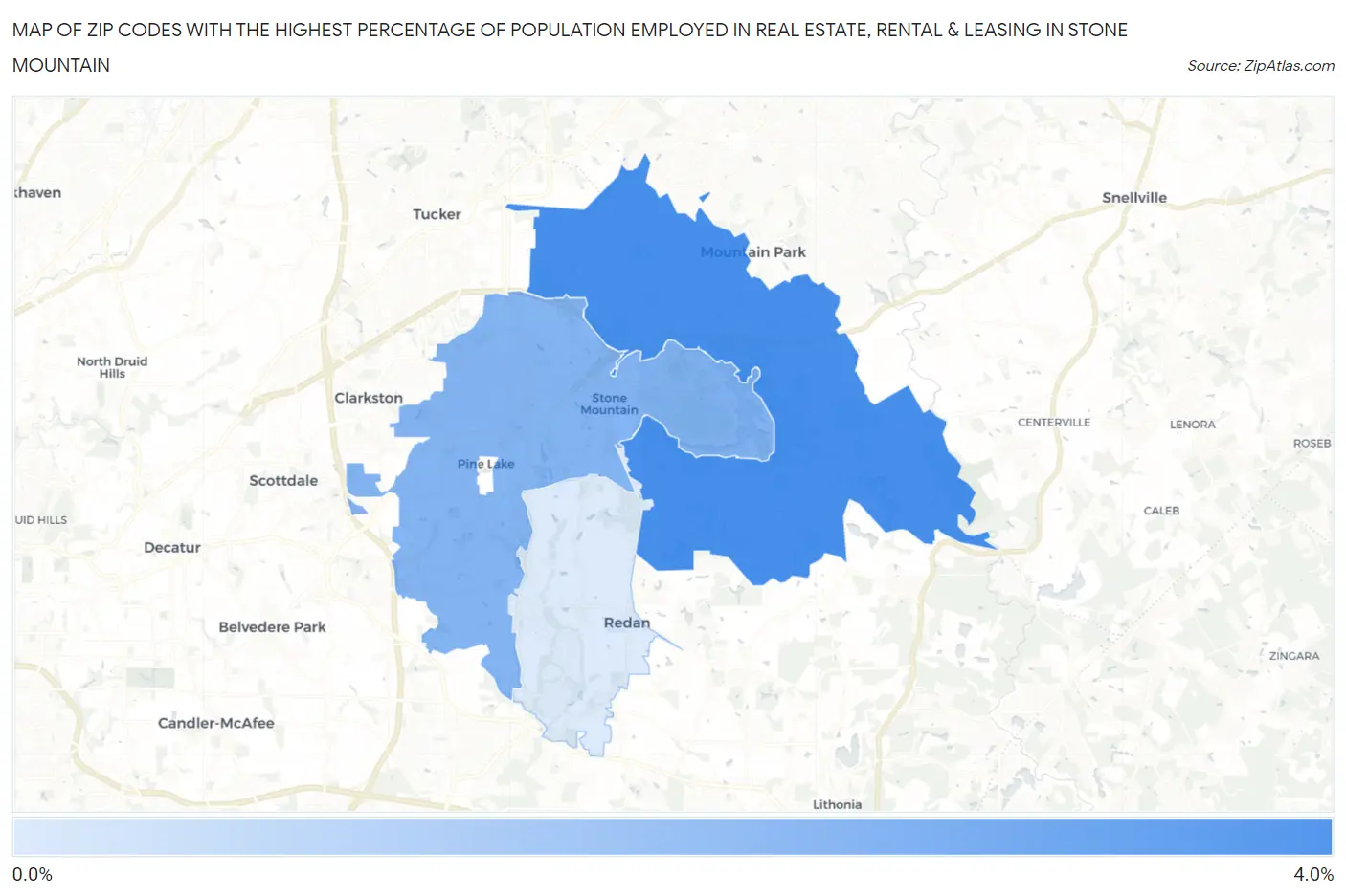 Zip Codes with the Highest Percentage of Population Employed in Real Estate, Rental & Leasing in Stone Mountain Map