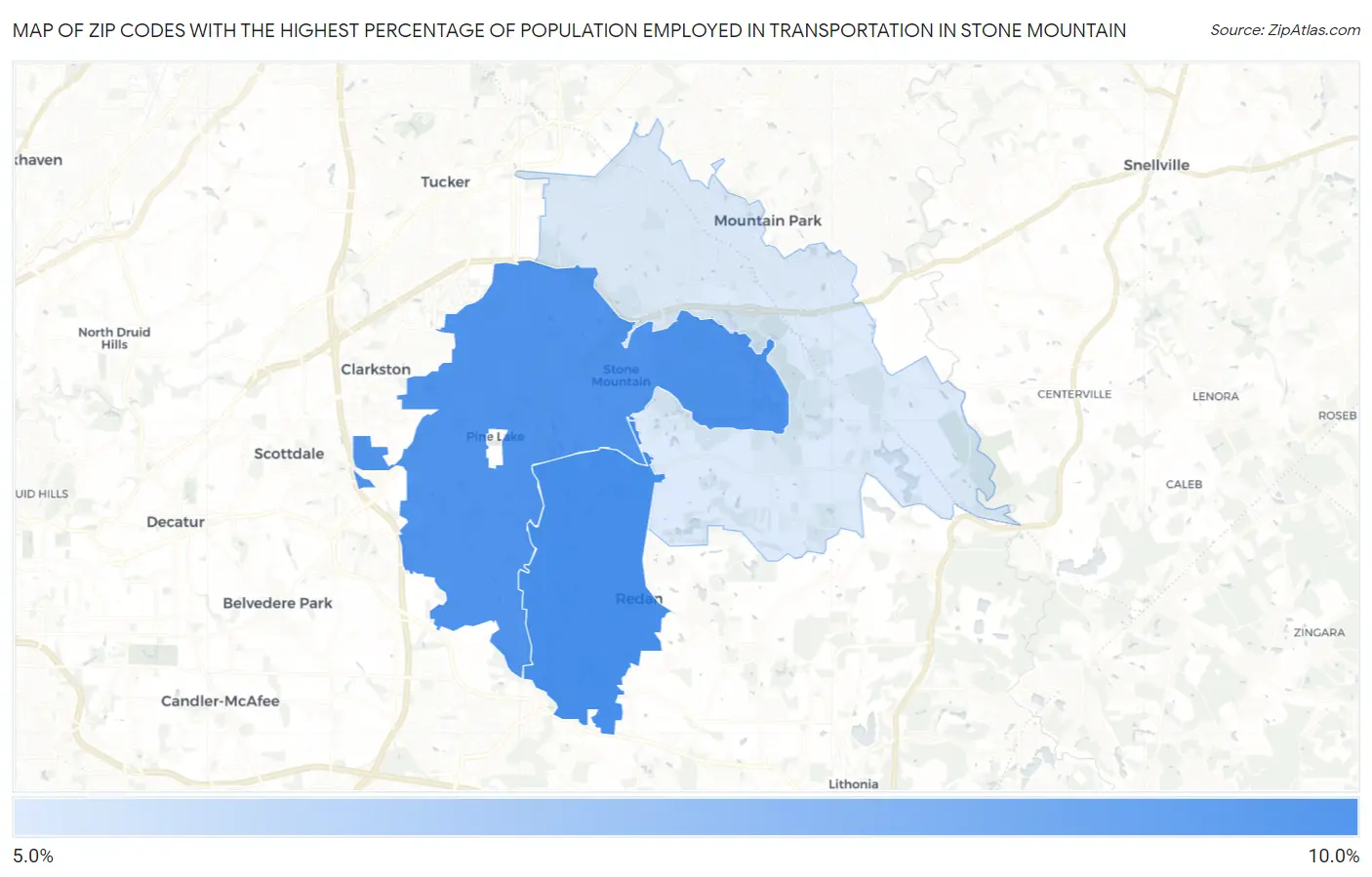 Zip Codes with the Highest Percentage of Population Employed in Transportation in Stone Mountain Map