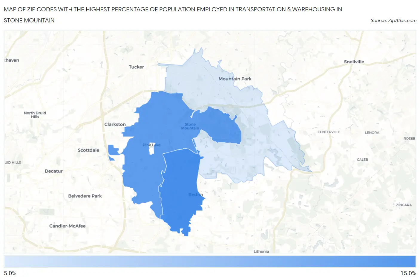 Zip Codes with the Highest Percentage of Population Employed in Transportation & Warehousing in Stone Mountain Map