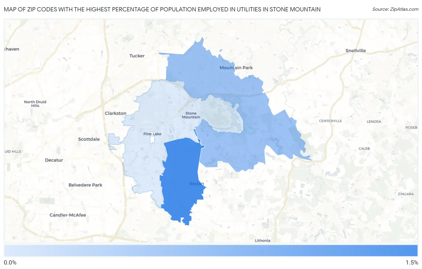 Zip Codes with the Highest Percentage of Population Employed in Utilities in Stone Mountain Map