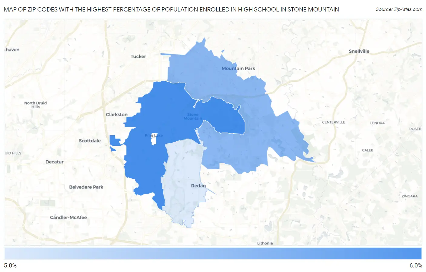 Zip Codes with the Highest Percentage of Population Enrolled in High School in Stone Mountain Map