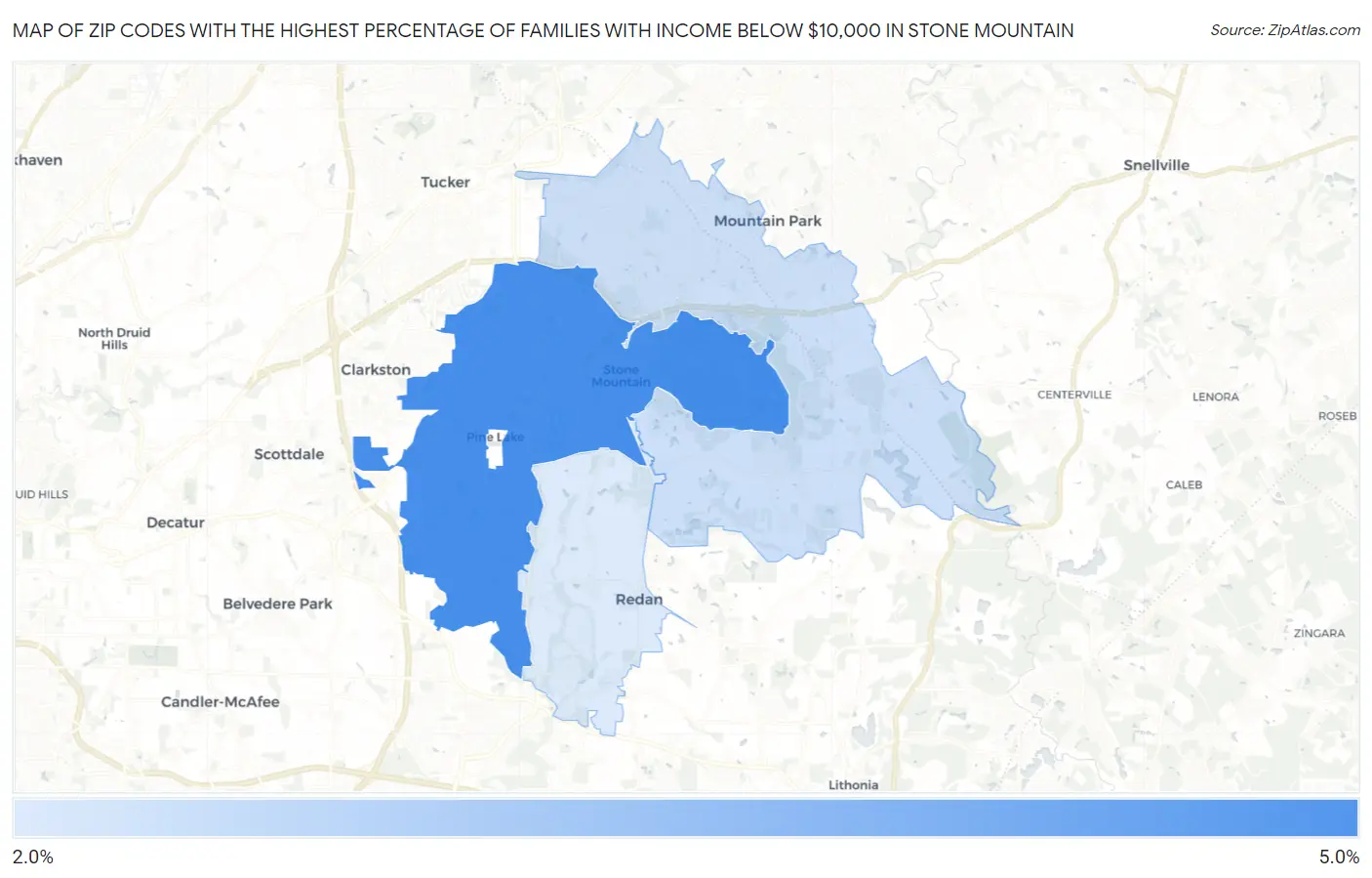 Zip Codes with the Highest Percentage of Families with Income Below $10,000 in Stone Mountain Map