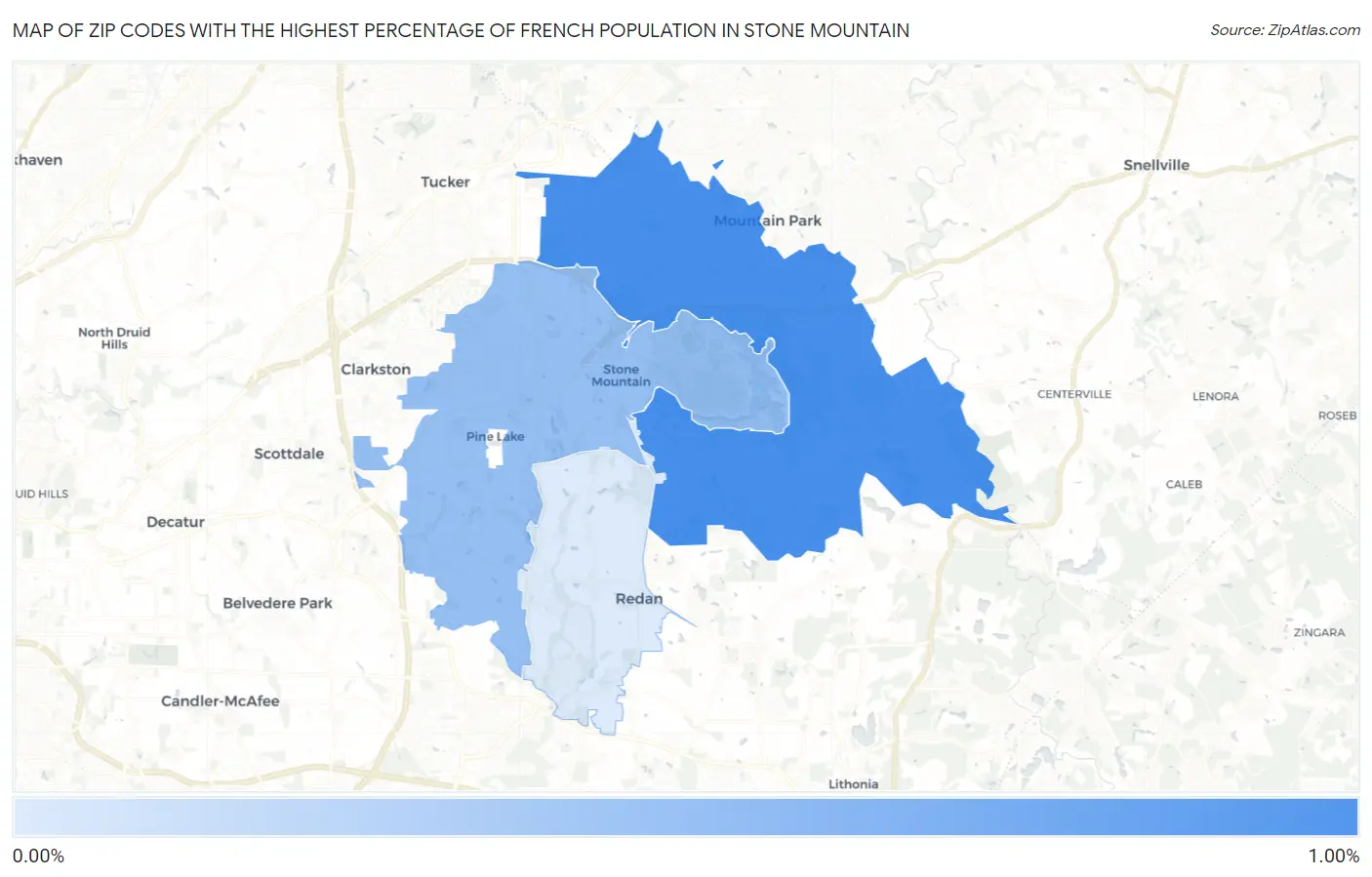 Zip Codes with the Highest Percentage of French Population in Stone Mountain Map