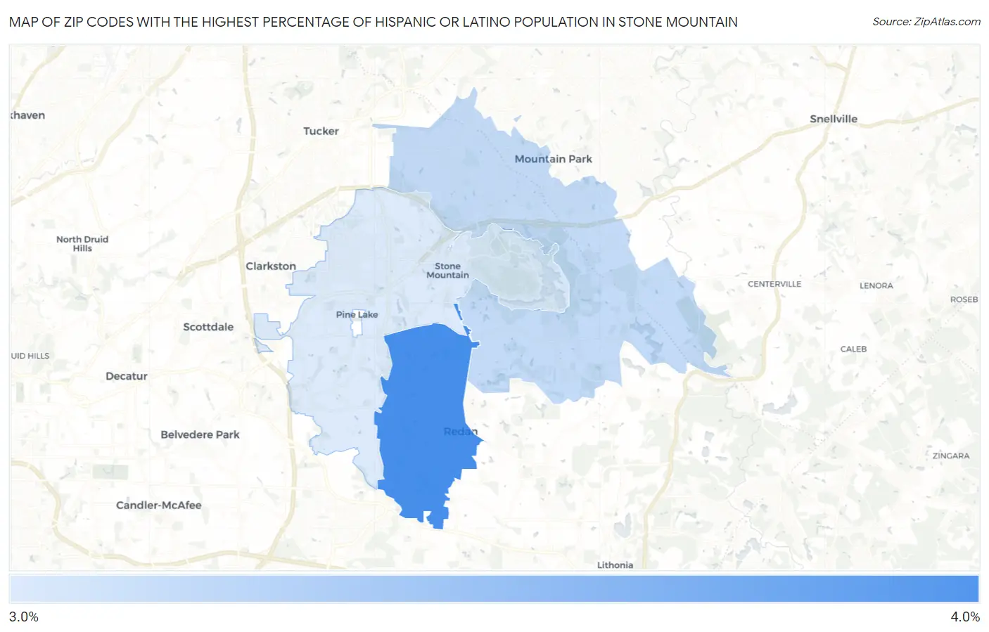 Zip Codes with the Highest Percentage of Hispanic or Latino Population in Stone Mountain Map